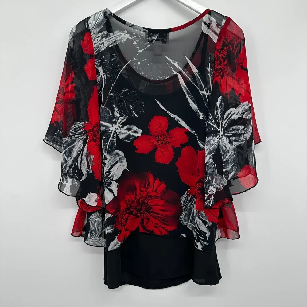 Joseph Ribkoff Top Shirt Size 10 Chiffon Overlay 3/4 Kimono Sleeve Romantic Boho - Picture 8 of 12